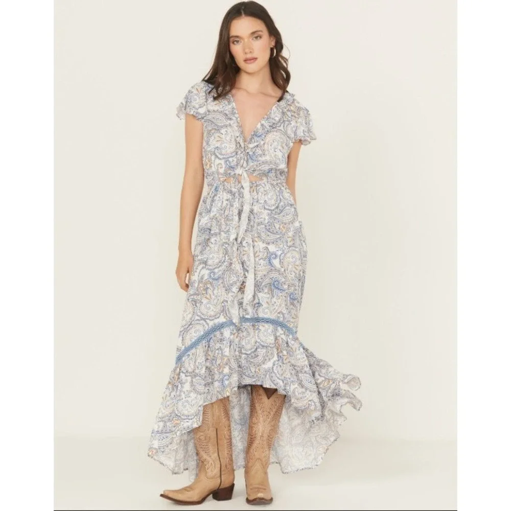 Women's Beyond The Radar Blue Paisley Cap Sleeve Hi-Low Ruffle Boho Maxi Dress L